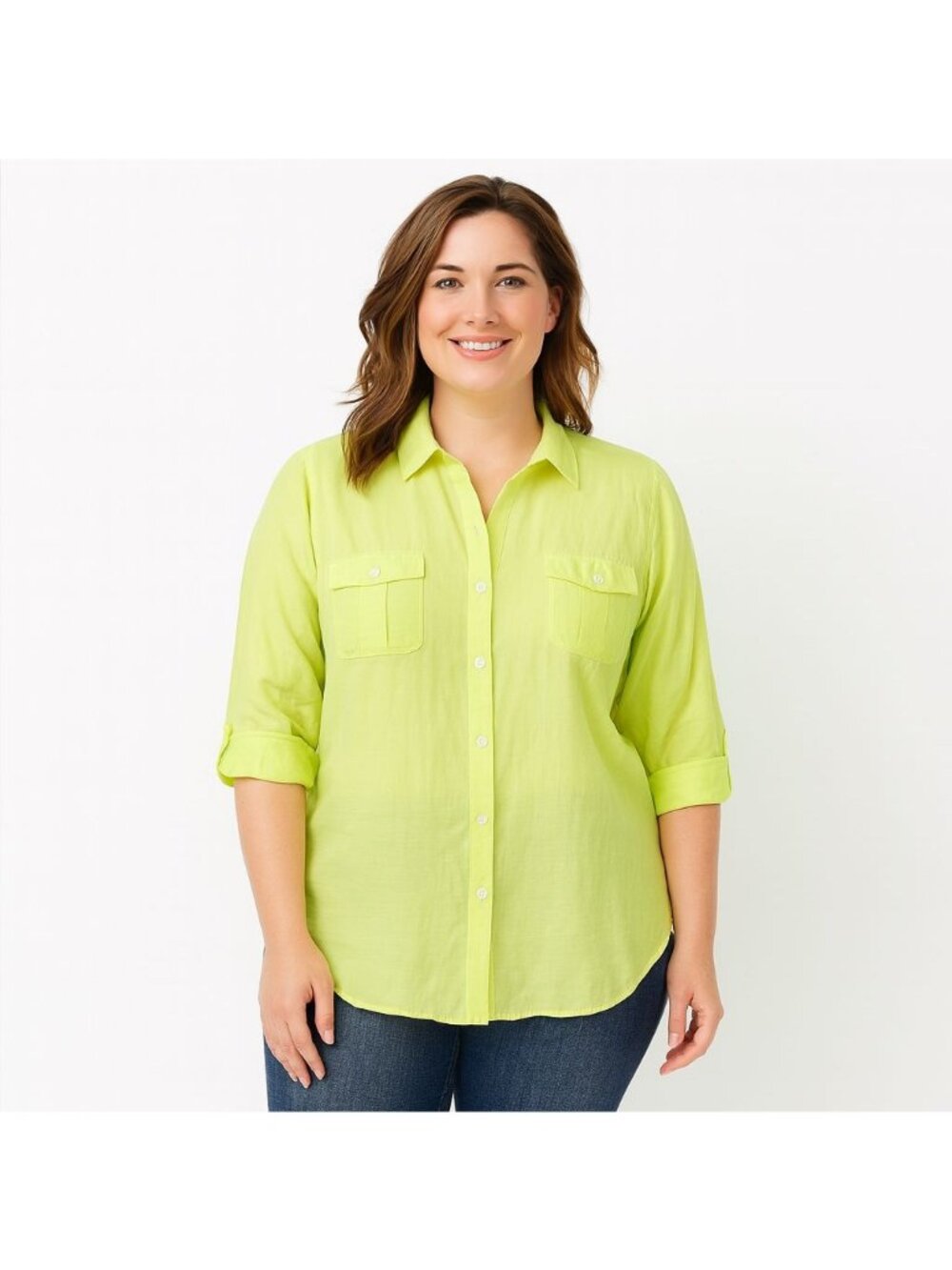 Chicos Womens Tunic Shirt Top Green Roll Tab Sleeve Gauze Pockets Size 2 | L